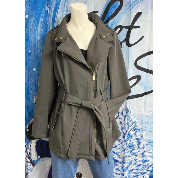 Michael Kors Dark Olive Green Asymmetrical Zip Coat Gold Zippers Belted Lg